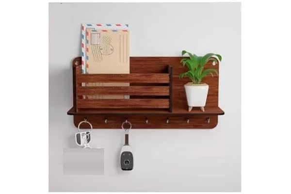HomeEcho Wall Mounted Key Holder Organizer, Kitchen Cabinet Door Hanging Key Rack with Hooks and Key Rings, Brown (Wallnut)