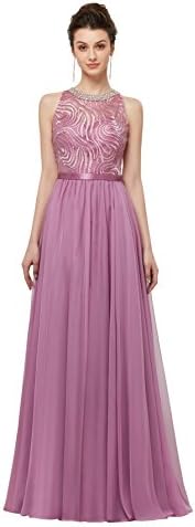 Dressylady Women's A Line Sleevelss Beaded Lace Long Chiffon Prom Evening Dress Formal Gowns Pale Mauve 16