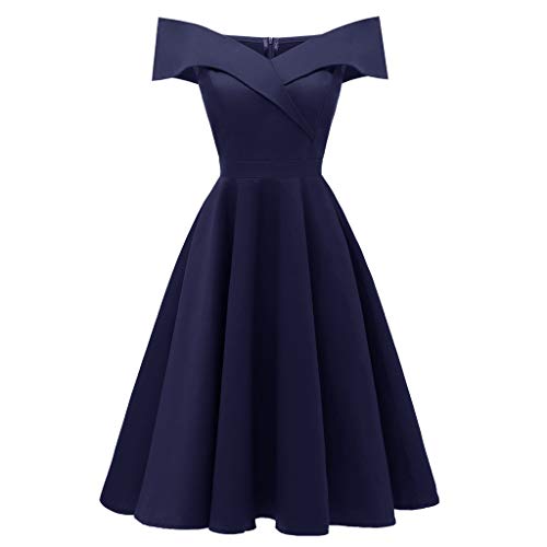 OHQ Robe en Dentelle pour Une Dame Noir Rouge Marine Femmes New Vintage Femme Chic Soiree Longue Grande Taille Courte Patchwork Off éPaule Cocktail Party Retro Swing Dress Jupes (Bleu-D, S)