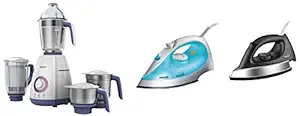 PHILIPS Viva Collection HL7701/00 750 Watts Mixer Grinder (Elegant Lavender and White) & Weight 1000-Watt Dry Iron & 200-Watt Steam Iron (Color May Vary)