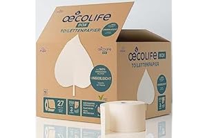 ‎ŒCOLIFE oecolife Toilettenpapier Box UNGEBLEICHT, 3-lagig, 27 Rollen á 250 Blatt, Großpackung, superweich, plastikfrei verpackt, vegan, nachhaltiges Klopapier