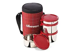 Oliveware Mega Lunch Box | Stainless Steel Containers | Ideal for Office Use | Insulated Fabric Bag | Leak Proof | Full Meal & Easy to Carry (Red)