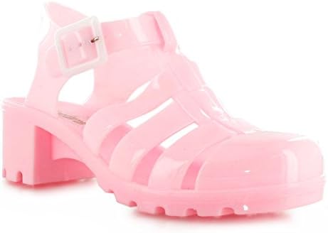 WOMENS LADIES GIRLS CLEAR SEE THROUGH GLITTER BLACK WHITE HOT SUMMER BEACH HOLIDAY BUCKLE RETRO JELLY MID BLOCK HEEL SANDALS. (UK 4 / EU 37, PINK)