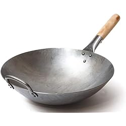 Wok traditionnel en acier carbone martelé à la main avec poignée auxiliaire en bois et acier (diamètre 35,6 cm, fond rond)/731W88 par Craft Wok