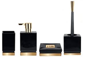 Spirella Badezimmer Set, 4-teiliges Badzubehör aus Porzellan Roma Seifenspender, WC Bürste, Seifenschale, Aufbewahrungsdose und Zahnputzbecher Schwarz/Gold