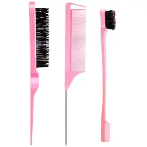 3 Pieces Teasing Brush Set Bristle Hair Brush 3 Row Teasing Brush Dual Edge Brush Sturdy Styling Comb Parting Comb for Brushing, Combing, Slicking Hair for Stylist Women (Pink)