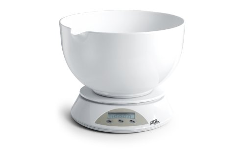ADE Digitale Schüsselwaage KE 707 Angelina. Elektronische Küchenwaage mit großer, spülmaschinengeeigneter Schüssel zum präzisen Wiegen bis 5 kg. Mit Zuwiegefunktion (Tara). Inkl. Batterie. Weiß - 2