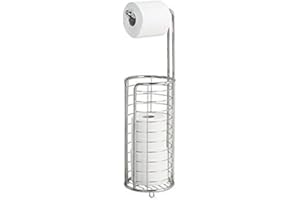 METRODECOR mDesign Free Standing Toilet Roll Holder - No Drilling Required - Steel Frame Toilet Roll Stand for the Bathrrom - Toilet Roll Storage for 3 Rolls with 1 Roll on the Hanger - Polished Stainless Steel