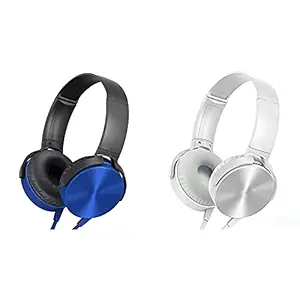 Raptech (Pack of 2) XB450 Wired On-Ear Headphones with Tangle Free Cable, 3.5mm Jack, Headset with Mic for Phone Calls (Blue-White)