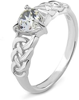 Sterling Silver Traditional Celtic Eternity Knotwork Love Heart Shaped Ring With Swarovski Crystal