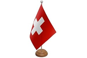 UKFLAGSHOP 9" x 6" Switzerland Swiss Large Desktop Table Flag With Wooden Base & Pole Ideal For Party Conferences Office Display
