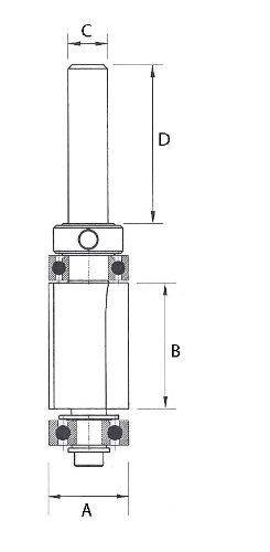 ENT Bündigfräser mit Achswinkel HW (HM), Schaft (C) 8 mm, Durchmesser (A) 16 mm, B 25,4 mm, D 32 mm, mit 2 Kugellager - 2