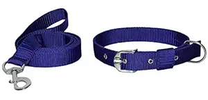 Woofy Adjustable Soft Nylon Bone Paw Plain Strip Dog Collar & Leash Set for Small and Large Breeds (Blue)
