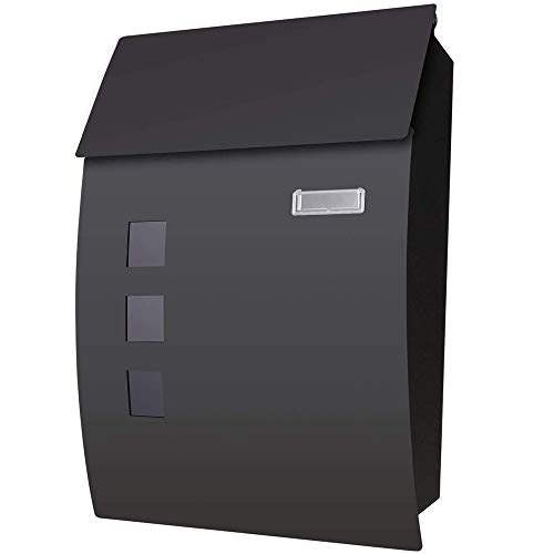 Voluker Boîte aux Lettres Murale 450 x 320 x 100 mm avec Plaque Signalétique, 3 Fenêtres de Vue Verrouillable et 2 Clés, Noir