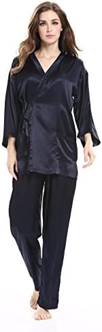 ROSEHUI Womens Silk Satin Pajamas Set Long Sleepwear Soft Loungewear with Pants Navy XXL