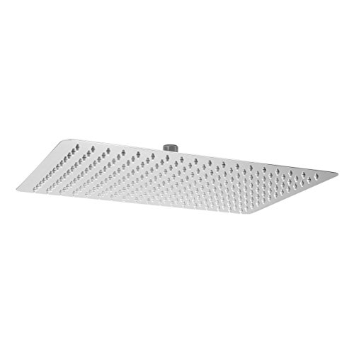 Komplettset – Flacher schwenkbarer eckiger massiver Regenduschkopf 300x400mm mit 234 Anti Kalk Wasserdüsen inkl. Wandrohr – aus Metall - 2