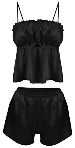 DKaren Elwira Satin Nightwear Cami Top and Boxer Shorts Lingerie Set Black Medium