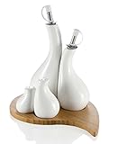 Bamboo BRANDANI 55452 - Juego de aceitera, vinagrera, salero y pimentero (4 Unidades, con Soporte, Porcelana y bambú)