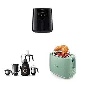 PHILIPS 1400W 4.1 L Digital Air Fryer, (Black, Large) & PHILIPS HL7707/00 750W Mixer Grinder, Black & PHILIPS HD2584/60 830W 2 Slice Pop Up Toaster (Green)