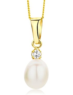 Miore Kette Damen, Schmuck Perlen Gelbgold, Halskette mit Süßwasser-Zuchtperle und Zirkonia Steinchen Anhänger...