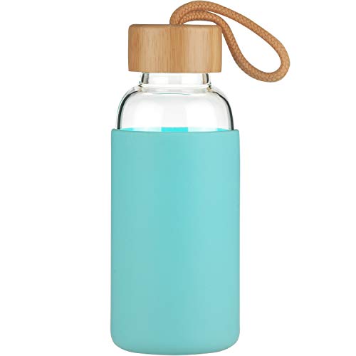 Justfwater Botella de Agua de Vidrio de Borosilicato Deportivo con Funda de Silicona y Tapa de Bambú a Prueba de Fugas 350ml
