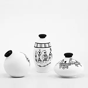 Thesoulartco Set of 3 Terracotta Warli Handmade Painted Matte Finished Miniature Flower Pots in Evergreen White for Home Decoration Living Room and Gifting Purpose