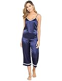 Damen Sommer Satin V-Ausschnitt Zweiteiliger Schlafanzug, Träger Oberteil+ 3/4 Hose