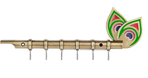 Collectible India Metal Krishna's Flute and Peacock Quills Key Holder Wall Hanging Stand Home Decor (Size 24 cm x 8...