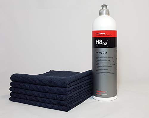 Clean 2 Koch Chemie Heavy Cut - Pasta abrasiva de Pulido Grueso, sin Silicona, 1 L + 5 paños de Microfibra Negros, 40 x 40 cm, 300 g