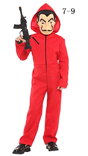 KRAZY TOYS Disfraz de La casa de Papel Ladrón - Disfraces Carnaval Halloween Niños. Incluye un Traje con Capucha y una Dali máscara (7-9)