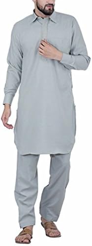 Indian Traditional Mens Neck thread Embroidered Classic Collar Grey Pathani Suit
