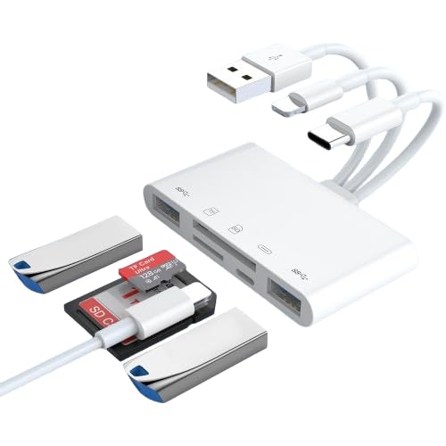 Sounce 5 in 1 SD/TF Card Reader Micro SD Card Reader with Light-ning Port & 2 USB 3.0 Ports Support Charging, High Speed Data Transfer Compatible with iPhone, iPad, PC, Laptop - White
