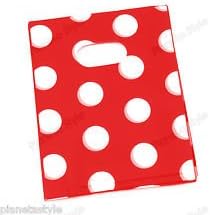 Dalbags Pack of 50 Plastic Polka Dot Bags with Punched Handles, 30 x 40 cm (Red / White)