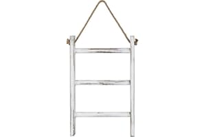 Beauneo Escalera de Toalla para Colgar en la Pared Escalera RúStica de Madera Blanqueada para Encimera DecoracióN de Granja Toallero con Cuerda Ajustable