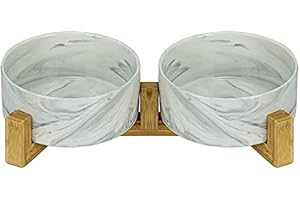 SP SEMPRE + doppie ciotole in ceramica per cani medi da 15.5cm l'una in bambù, 2x850ml rialzate e sollevate da terra con base antiscivolo (DOPPIE 15.5 CM, MARMO BIANCO)
