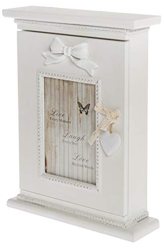 elbmöbel, Armadietto portachiavi in legno con cornice portafoto, stile shabby chic, colore: bianco, verde, rosa., Legno, Weiß-vintage, H29 x B22 x T 7 cm