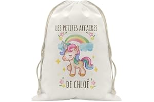 Sac à doudou/pochon/pochette avec lien prénom personnalisé en coton pour enfant 3 tailles disponibles et sac à dos en toile bio motif Licorne