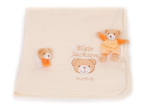Personalised Embroidered Appliquéd Baby Blanket with name Newborn Gift Set with teddy + wrist rattle Cream