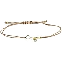 SCHOSCHON Damen Textil-Armband Kleeblatt Zirkonia Perlen 925 Silber, Taupe-Gold | Schmuck Glücksbringer