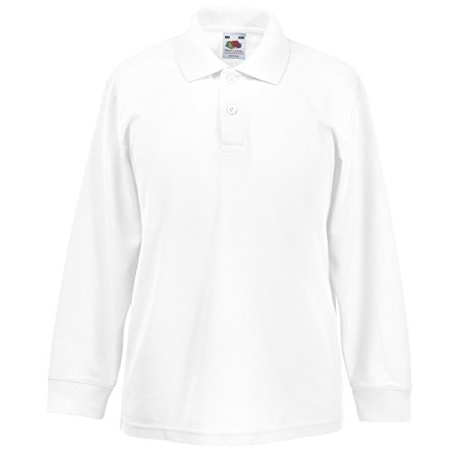 New Fruit of the Loom Childrens Kids Long Sleeve Polo Shirt White 3/4