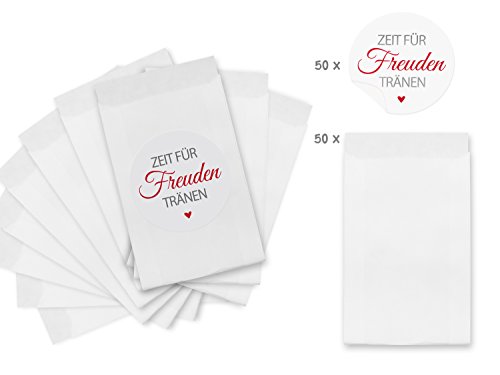 Freudentränen Set weiße Flachbeutel inklusive runde Aufkleber / Sticker als Verpackung für Freudentränen Taschentücher – TOP QUALITÄT aus Deutschland von KuschelICH (50 Stk) - 2