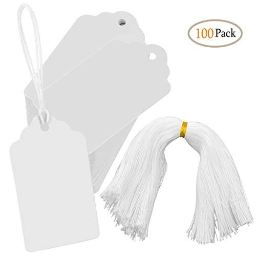 CiaraQ - Etiquetas de marcación blancas (100 unidades, etiquetas de precio, etiquetas de exhibición con cuerda para colgar), 1,97 x 3,54 pulgadas