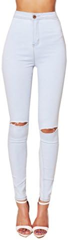LILY LULU Apparel disco high waisted skinny jeans pants acid wash denim skinny jeans White Skinny Jeans Black ripped high waisted jeans PU leahther jeans (UK6, Light Blue Ripped Jeans)