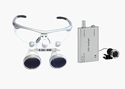 Levin - Occhialini per dentista, chirurgici, prismatici, di alta qualità, 3,5 x 420 mm, con torcia frontale, color argento