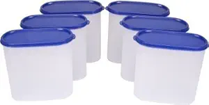 TallBoy Space Saver Plastic Container Set, 1.8 Liters, Set of 6, White and Blue