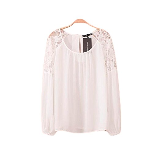 MLG166 2015 Women Fashion Loose Lace Splice Chiffon shirt (M, WHITE)