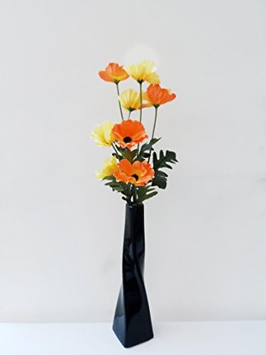 Artificial Wild Poppy Flower Display With 2 stems, 8 Flower Heads choice of 10 colours in A Black Ceramic Vase - Quality Artificial Flowers by Homestreet® (YELLOWORANGE)