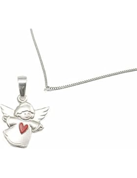 Kinderkette mit Engel-Anhänger roten Herz, inkl. Panzerkette 36 cm, Taufgeschenk