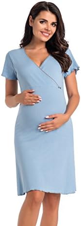 Di Vadini Alessia Maternity Nightdress / Breastfeeding Nightie Made of 100% Cotton / Short Sleeve -  Blue - Medium