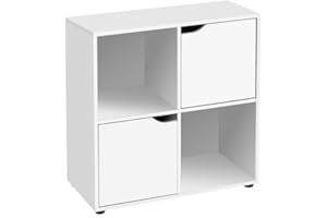 LOLAhome Estantería de Madera, Librería con Puertas y Compartimentos Abiertos, Mueble almacenaje, Organizador, en Color Blanco de 60x60x29 cm para Estudio,Dormitorio, Salón, Oficina y Biblioteca